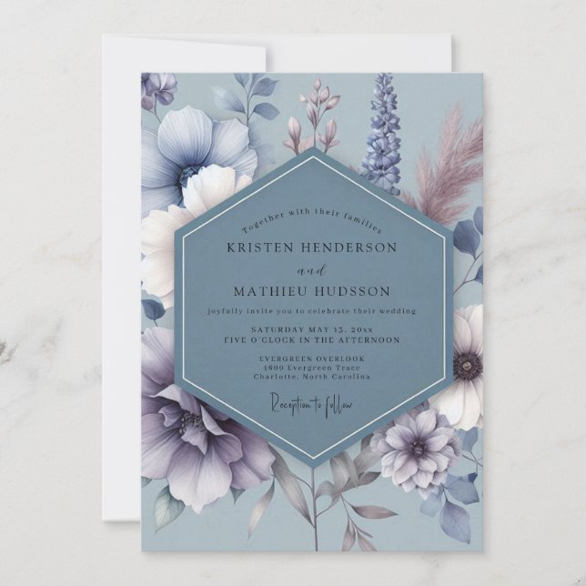 Steel Blue Somber Flora Wedding Invitation (Front)