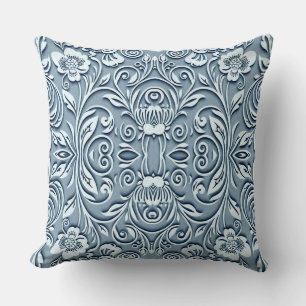 Steel Blue Symmetrical Embossed Floral Design Throw Pillow