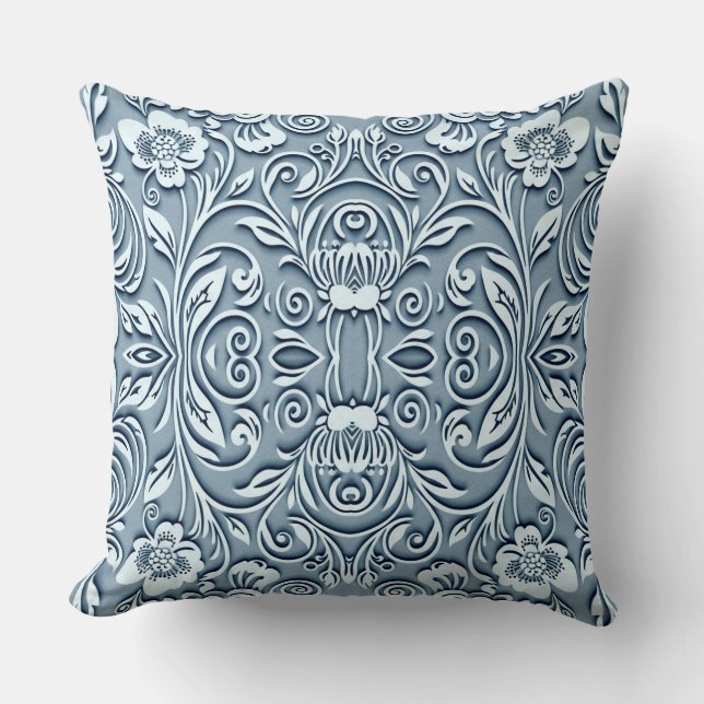 Steel Blue Symmetrical Embossed Floral Design  Throw Pillow (Front)