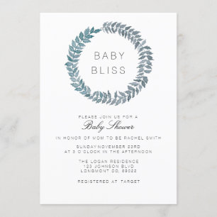 Steel Blue Vine Watercolor Wreath Baby Shower Invitation