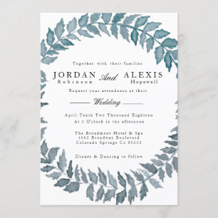Steel Blue Vine Watercolor Wreath Wedding Invitation