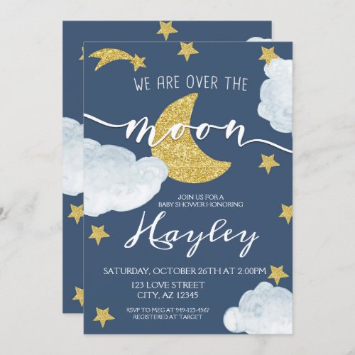 Steel Blue We are Over the Moon Baby Shower Invitation