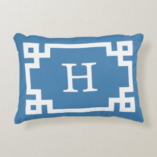 Steel Blue Wht Greek Key Frame #2 Initial Monogram Decorative Pillow