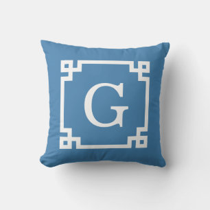 Steel Blue Wht Greek Key Frame #2 Initial Monogram Throw Pillow