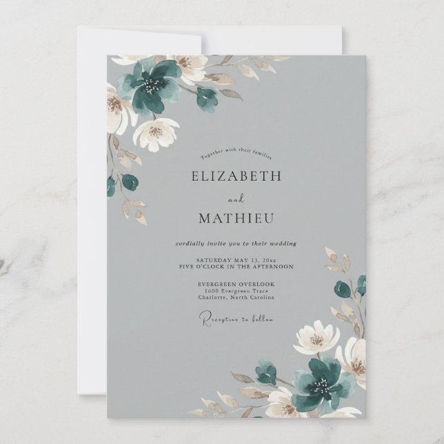 Steel Cyan Peony Wedding Invitation (Front)
