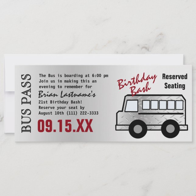 Steel Design 21st Birthday Party Bus Pass Invitation (Front)