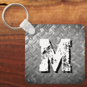 Steel diamond plate custom monogram metal keychain
