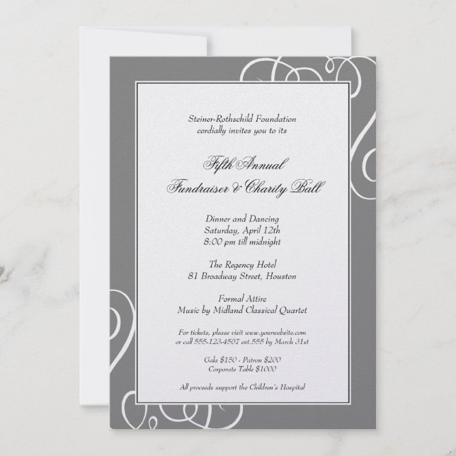 Steel gray frame enchanted swirl gala formal event invitation (Front)