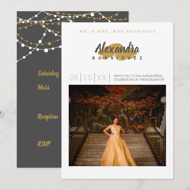 Steel Gray & Gold Photo Quinceanera Invitation (Front/Back)