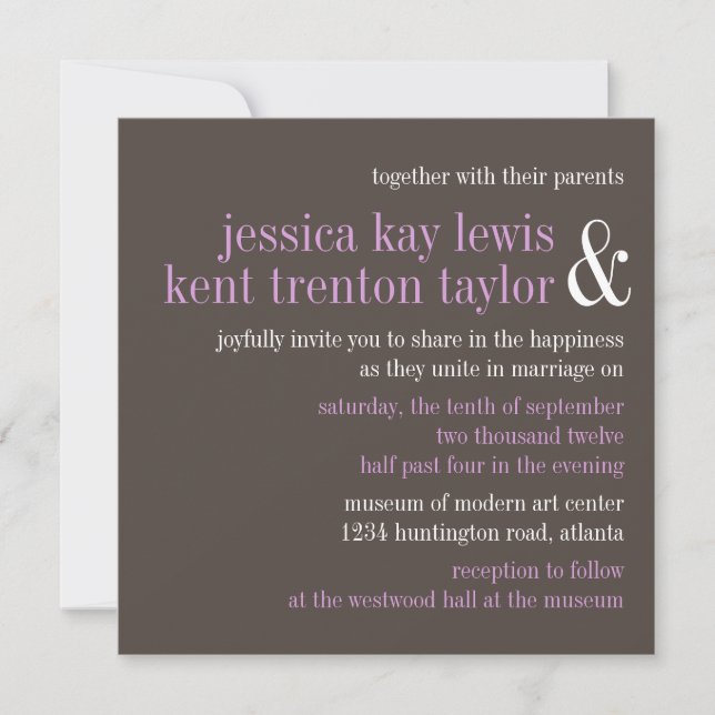 Steel gray lilac typography modern couple wedding invitation (Front)