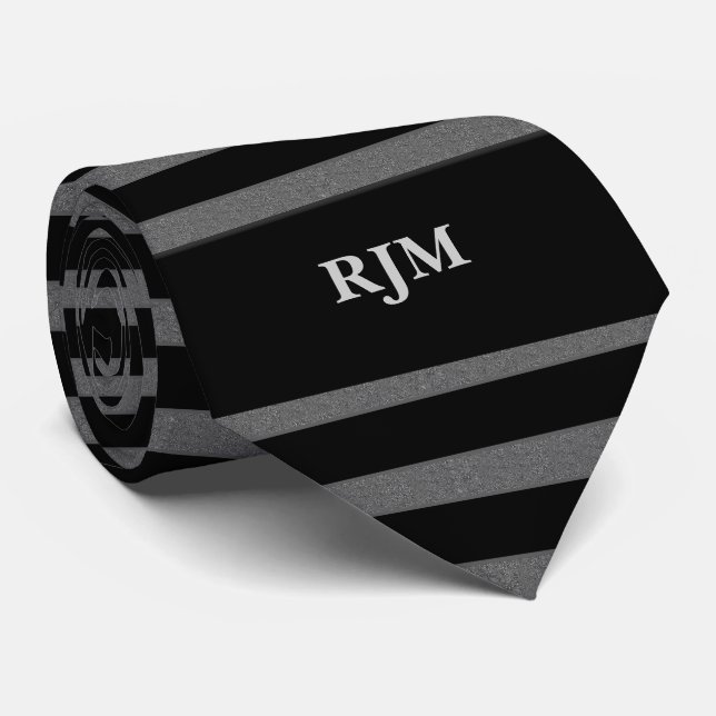 Steel Gray Paisley and Black Stripes with Monogram Tie (Rolled)