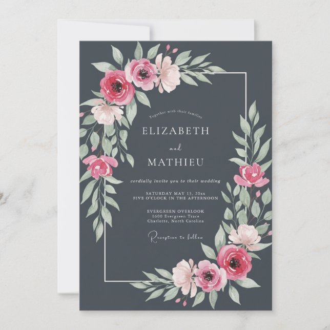 Steel Gray Sophisticated Botanical Wedding Invitation (Front)