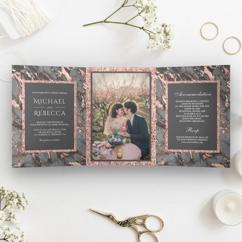 Steel Grey Marble Rose Gold Glitter Photo Wedding Tri_Fold Invitation