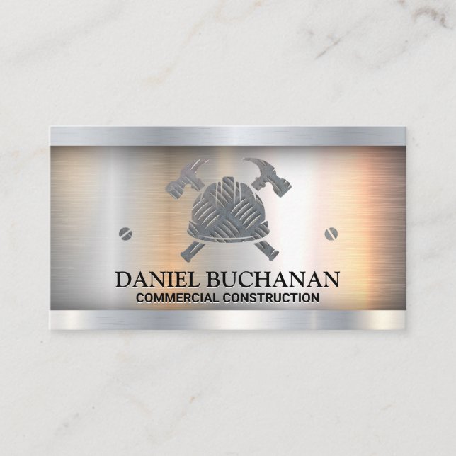 Steel Hard Hat Hammers | Construction Metallic Business Card (Front)