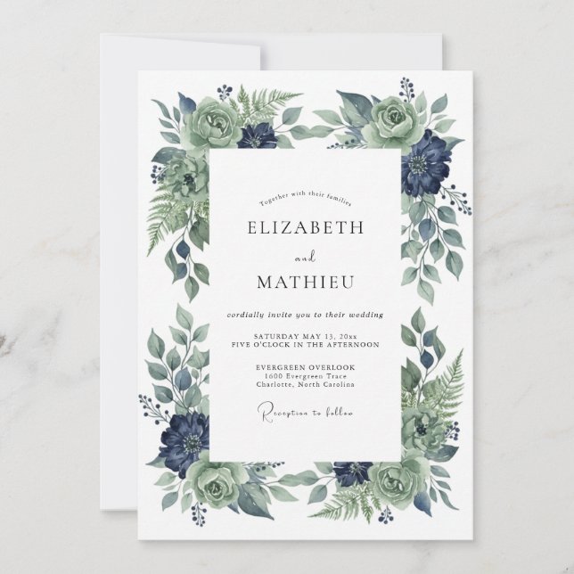 Steel Indigo Blossom Wedding Invitation (Front)