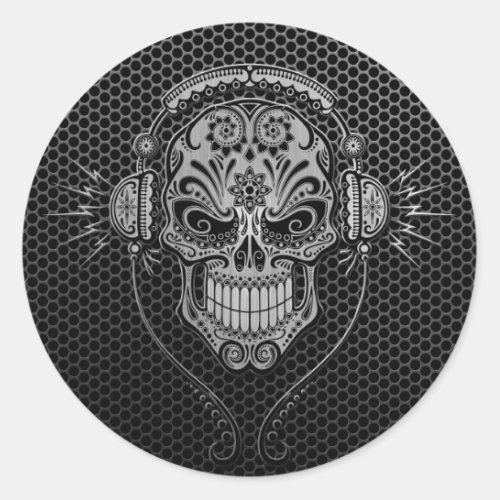 Steel Mesh DJ Sugar Skull Classic Round Sticker