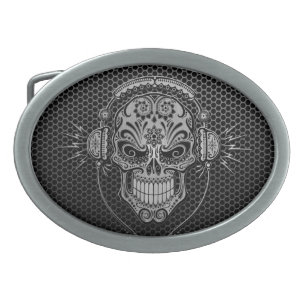 Steel Mesh DJ Sugar Skull Oval Belt Buckle