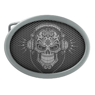 Steel Mesh DJ Sugar Skull Oval Belt Buckle