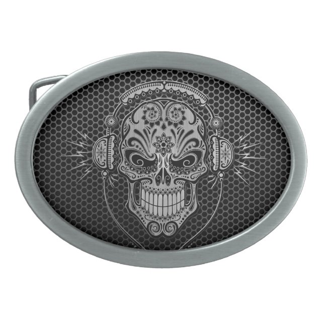 Steel Mesh DJ Sugar Skull Oval Belt Buckle (Front)