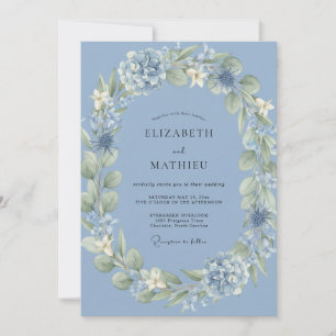 Steel Periwinkle Hydrangea Eucalyptus Wedding Invitation