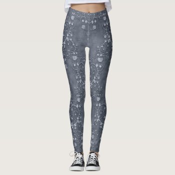 Steel/pewter Grey And Light Grey Floral Damask Leggings by MHDesignStudio at Zazzle