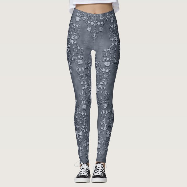 Steel/Pewter Grey and Light Grey Floral Damask Leggings (Front)