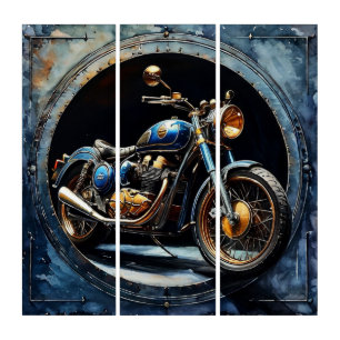 Steel Ride: Motorcycle in Metal Frame Triptych