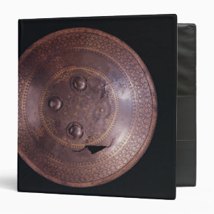 Steel shield with intricate gold decoration binder
