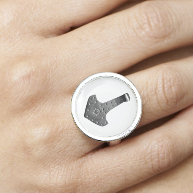 Steel Thor's Hammer white sterling silver ring (In Situ)