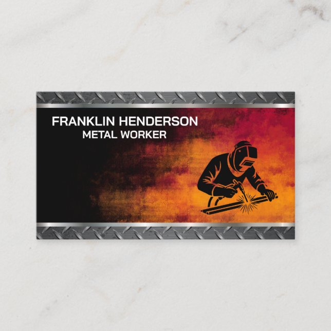Steel | Welder Working | Black Red Background Business Card (Front)