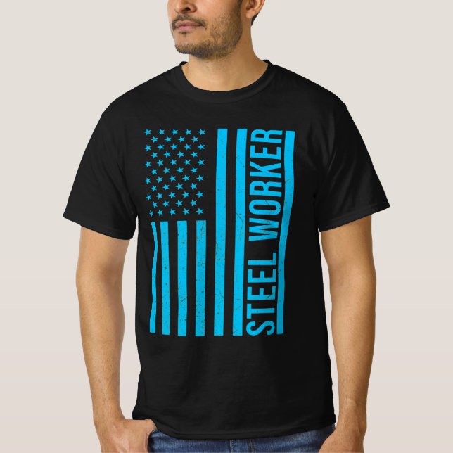 Steel Worker Blue Flag Patriotic T-Shirt (Front)