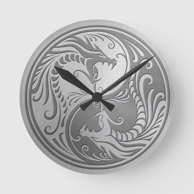 Steel Yin Yang Dragons Round Clock (Front)
