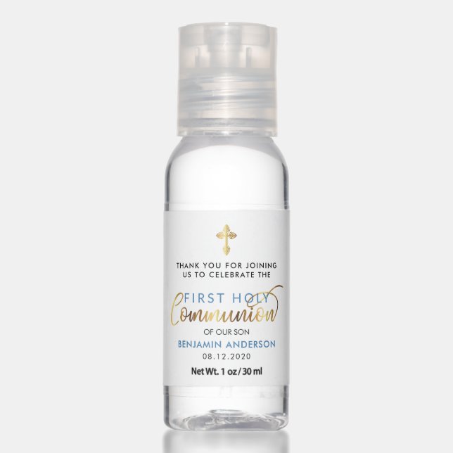Steelblue And Gold First Holy Communion Thank You  Hand Sanitizer (Front)