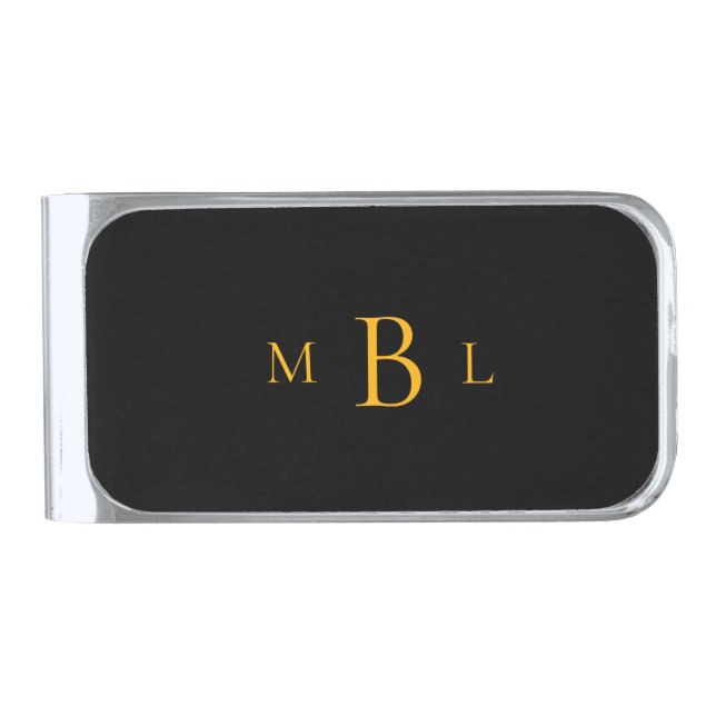 Steelers Colors Black and Gold Monogram. Silver Finish Money Clip (Front)