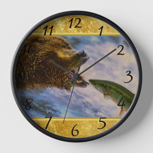 Steelhead salmon jumping into grizzly bears mouth clock