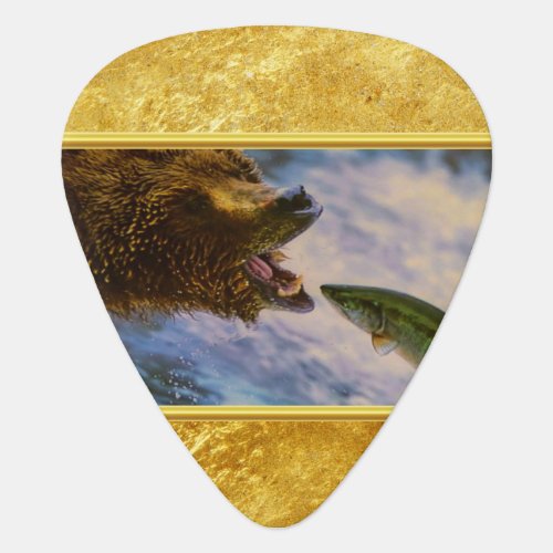 Steelhead salmon jumping into grizzly bears mouth guitar pick