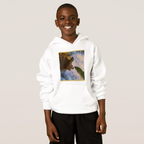 Steelhead salmon jumping into grizzly bears mouth hoodie