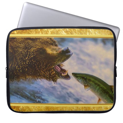 Steelhead salmon jumping into grizzly bears mouth laptop sleeve