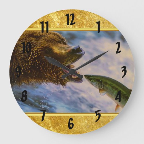 Steelhead salmon jumping into grizzly bears mouth large clock