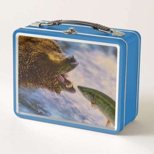 Steelhead salmon jumping into grizzly bears mouth metal lunch box