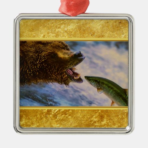 Steelhead salmon jumping into grizzly bears mouth metal ornament