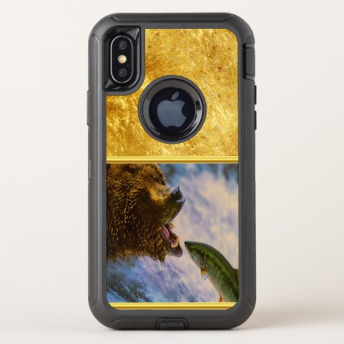 Steelhead salmon jumping into grizzly bears mouth OtterBox defender iPhone x case