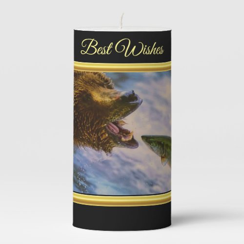 Steelhead salmon jumping into grizzly bears mouth pillar candle