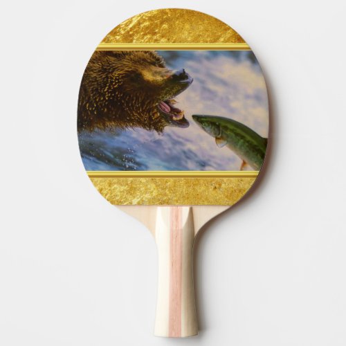 Steelhead salmon jumping into grizzly bears mouth ping pong paddle