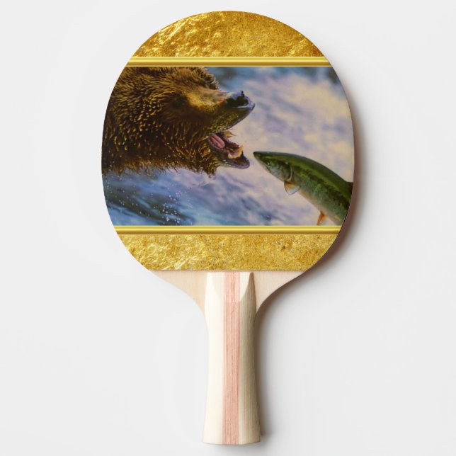 Steelhead salmon jumping into grizzly bears mouth ping pong paddle (Front)