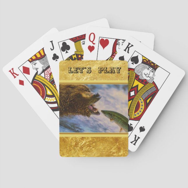 Steelhead salmon jumping into grizzly bears mouth poker cards (Back)