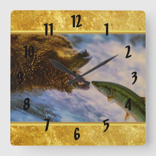 Steelhead salmon jumping into grizzly bears mouth square wall clock