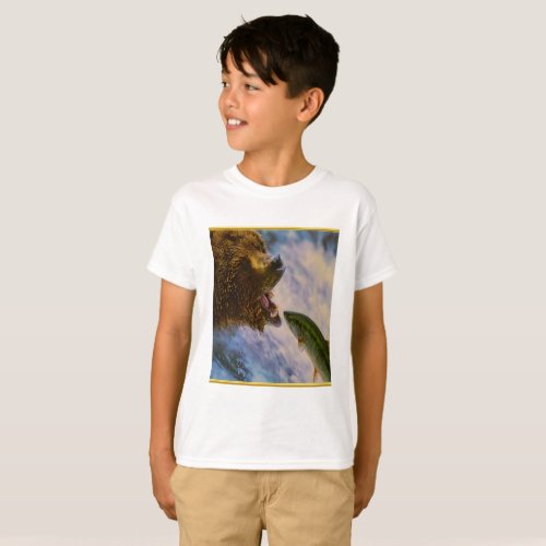 Steelhead salmon jumping into grizzly bears mouth T_Shirt