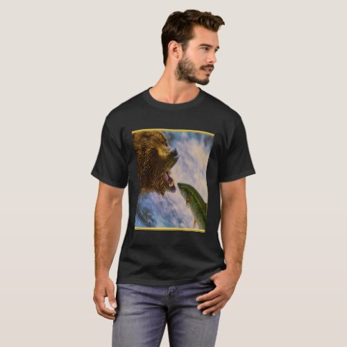 Steelhead salmon jumping into grizzly bears mouth T_Shirt