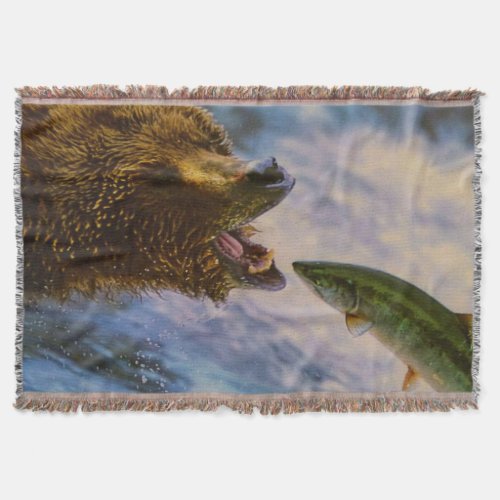 Steelhead salmon jumping into grizzly bears mouth throw blanket